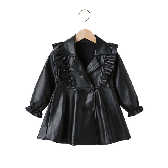 🎀NEW Princess Black Faux Leather Ruffles, Long Sleeve England Style Dress - Picture 2 of 7